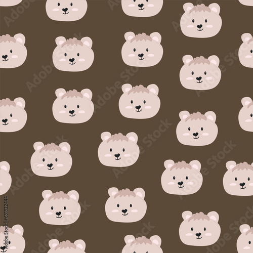 Seamless pattern with cute bear faces doodle style, vector illustration on brown background. Decorative design for kids, wrapping and packaging, smiling animal character (ID: 631822444)