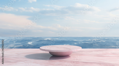 pink marble table on terace with a view of the sea © Textures & Patterns
