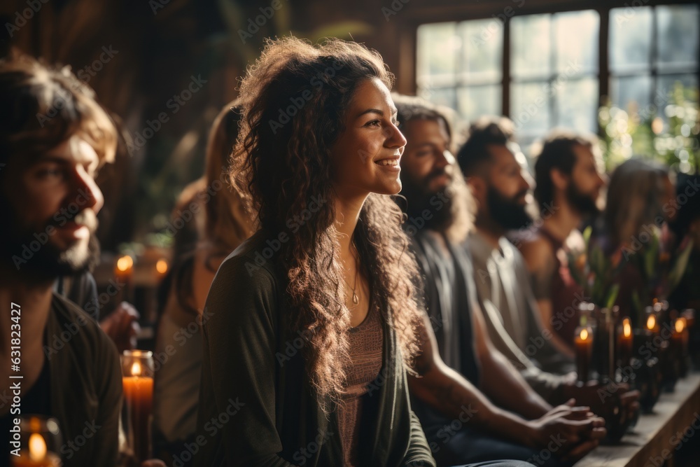 Group meditation in a yoga studio breathing exercises Man and woman meditating and breathing with eyes closed and the concept of breathing exercise Group meditation in a yoga studio breathing exercises Man and woman meditating and breathing with eyes closed and the concept of breathing exercise