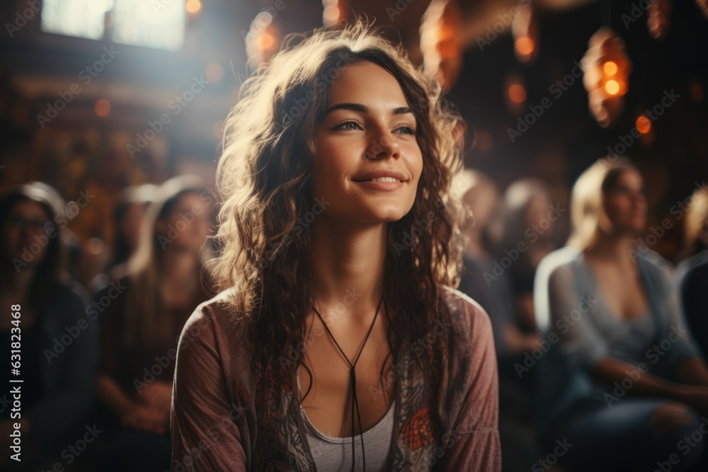 Group meditation in a yoga studio breathing exercises Man and woman meditating and breathing with eyes closed and the concept of breathing exercise Group meditation in a yoga studio breathing exercises Man and woman meditating and breathing with eyes closed and the concept of breathing exercise