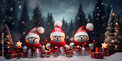 Cheerful Christmas Background with Santa" "Snowmen Image with Santa Claus and Christmas Spirit"