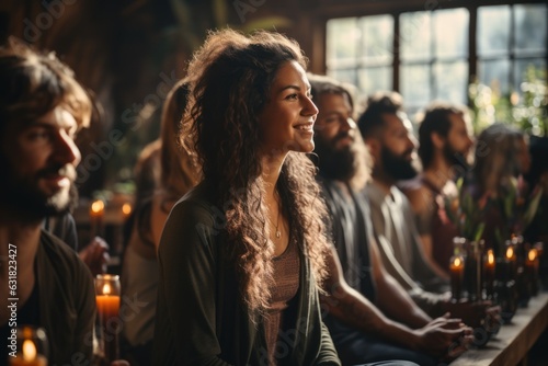 Group meditation in a yoga studio breathing exercises Man and woman meditating and breathing with eyes closed and the concept of breathing exercise