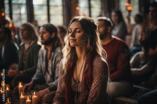 Group meditation in a yoga studio breathing exercises Man and woman meditating and breathing with eyes closed and the concept of breathing exercise © sirisakboakaew