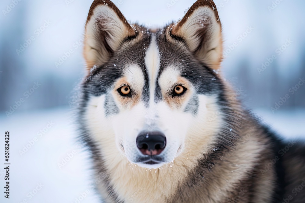 Arctic Adventure with a Beautiful Alaskan Husky in Lapland, Finland - Close Up Portrait of Blue-Eyed Dog in Wintry Landscape of Finnish Arctic at Husky Farm (3:2 Ratio): Generative AI