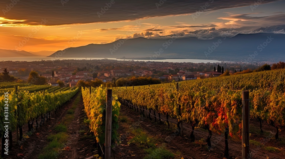 Autumn Dusk at Franciacorta Vineyard in Brescia, Italy, with Rows of Vines and Plaster Bands Accentuating the Serenity. Generative AI