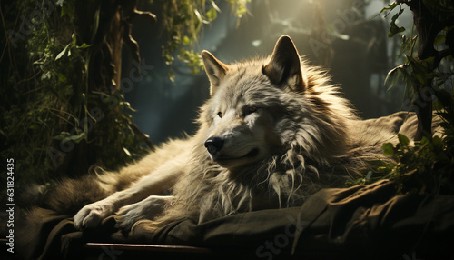 Majestic Wolf in the Dark Forest: Idealized Native American Influence with Backlit Photography. Light Amber & Gray Tones, Hyper-Realistic Portraiture in Caninecore Style photo