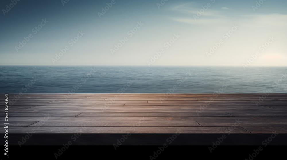 brown oak wooden table with a view of the sea brown oak wooden table with a view of the sea