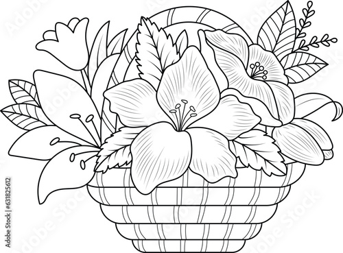 Vector illustration of a Vase with flower bouquet. coloring page for adults