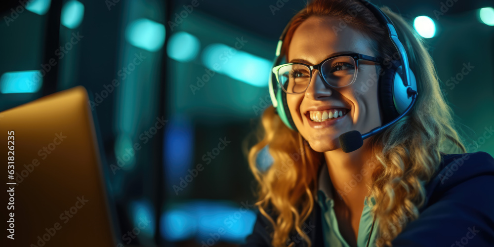 Female telemarketer support consultant, telephone customer service operator woman smiling  - obrazy, fototapety, plakaty 