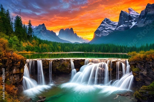 waterfall in the mountains.Breathtaking sunset over majestic mountains, a stunning showcase of nature's beauty