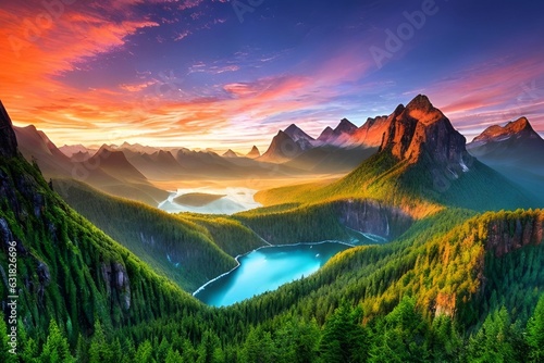 waterfall in the mountains.Breathtaking sunset over majestic mountains, a stunning showcase of nature's beauty