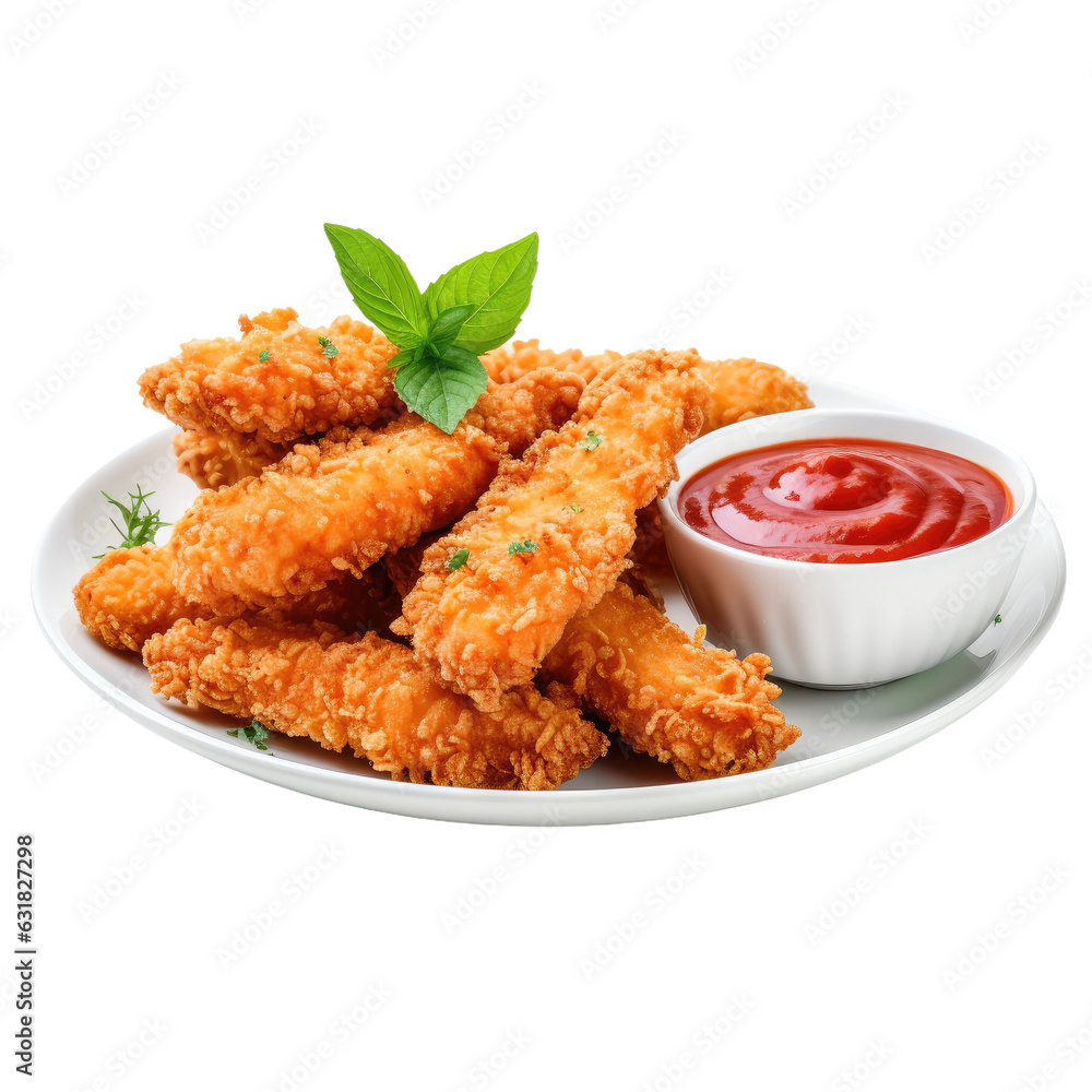 Crispy chicken strips with tomato sauce on a transparent backround. Crispy chicken strips with tomato sauce on a transparent backround.