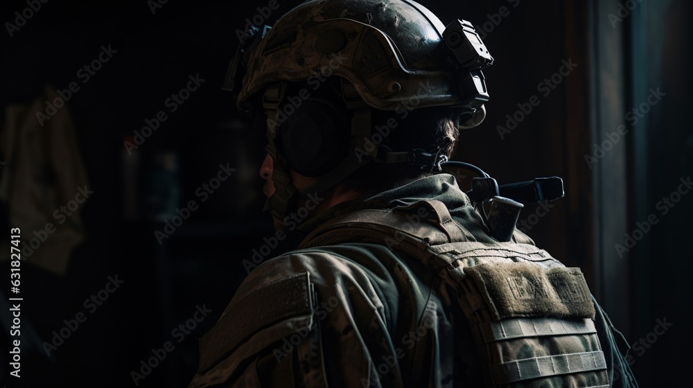 Behind the Camouflage: A Glimpse of a Soldier in Modern Military Gear From Behind, Generative AI Behind the Camouflage: A Glimpse of a Soldier in Modern Military Gear From Behind, Generative AI