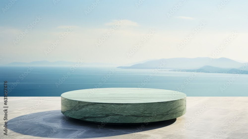 green oval marble surface on terace with a view of the sea