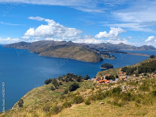 Titicaca lake Bolivia Island of Sun Isla del Sol scenic landscape. 