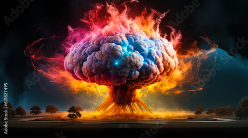 Concept art of a human brain exploding with knowledge and creativity
