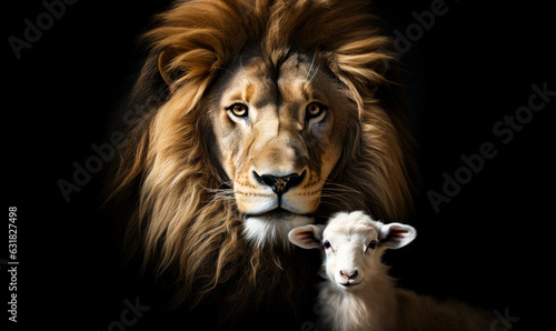The Lion and the Lamb together. Image on black background