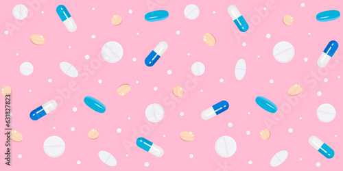 Yellow, blue and white medicines and vitamins on a pastel pink background. Medical endless texture. Vector seamless pattern for medical center, pharmacy, hospital. Concept of medicine, health service