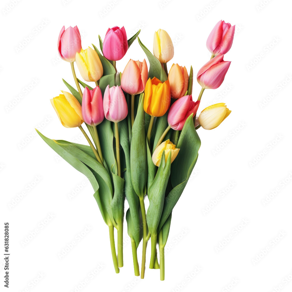 Obraz premium Colorful tulip bouquet on transparent backround with banner. Floral composition with fresh tulips. Spring and Easter concept, flat lay, copy space.