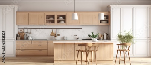 Scandinavian classic kitchen with wooden and white details, Luxury Kitchen Interior in white tone, Generative ai