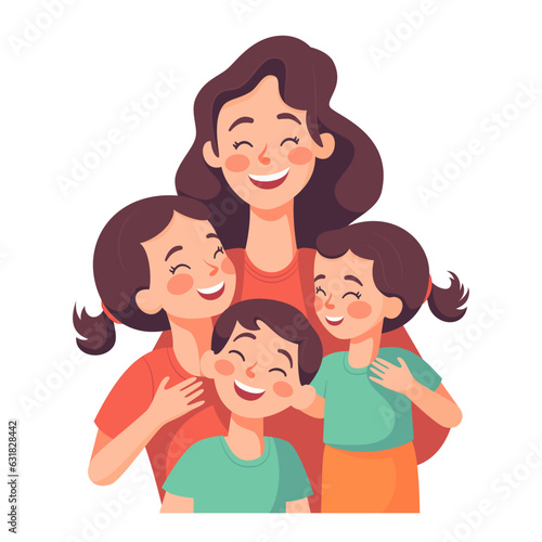 Mother with children, Mom with son and daughter, Happy Family Moments, Flat Style Cartoon Illustration Vector. Mother's Day Concept.
