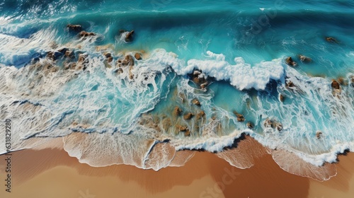 Top view of sea and sand on the beach with starfish beautiful wave ocean. Generative Ai