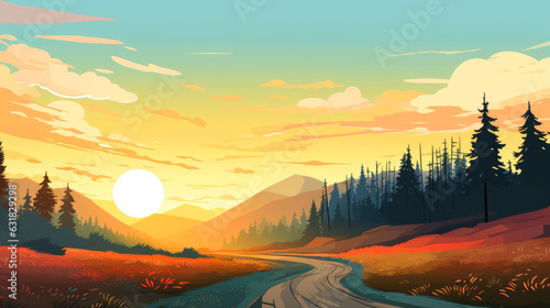country road in autumn at sunset. minimalist flat cartoon. AI generated
