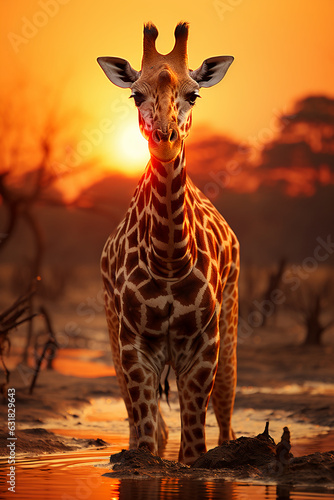 A giraffe forages on the savanna in Africa. AI generative © SANGHYUN