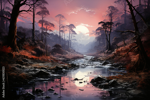A river at twilight, lavender water, whimsical, mystical, mysterious. AI generative
