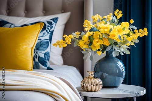 Photo of yellow flowers sitting on a table next to a bed created with Generative AI technology