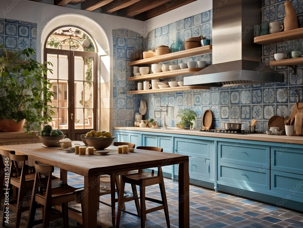 Modern artisanal kitchen with blue tiles and traditional Catalan architecture generative ai