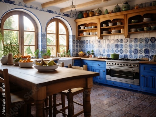 Modern artisanal kitchen with blue tiles and traditional Catalan architecture generative ai