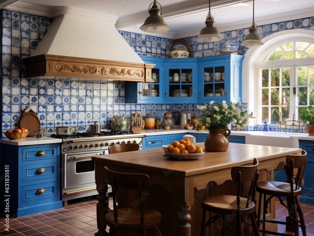 Modern artisanal kitchen with blue tiles and traditional Catalan architecture generative ai