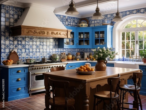 Modern artisanal kitchen with blue tiles and traditional Catalan architecture generative ai © tanjidvect