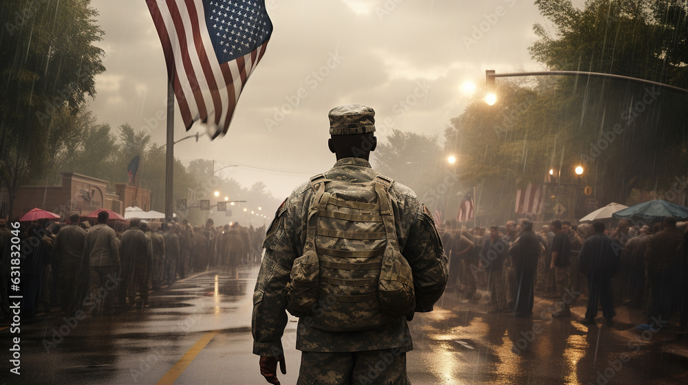 The entire community comes together to salute and honor the returning soldier. They line the streets, waving flags and cheering, expressing gratitude for their service The entire community comes together to salute and honor the returning soldier. They line the streets, waving flags and cheering, expressing gratitude for their service