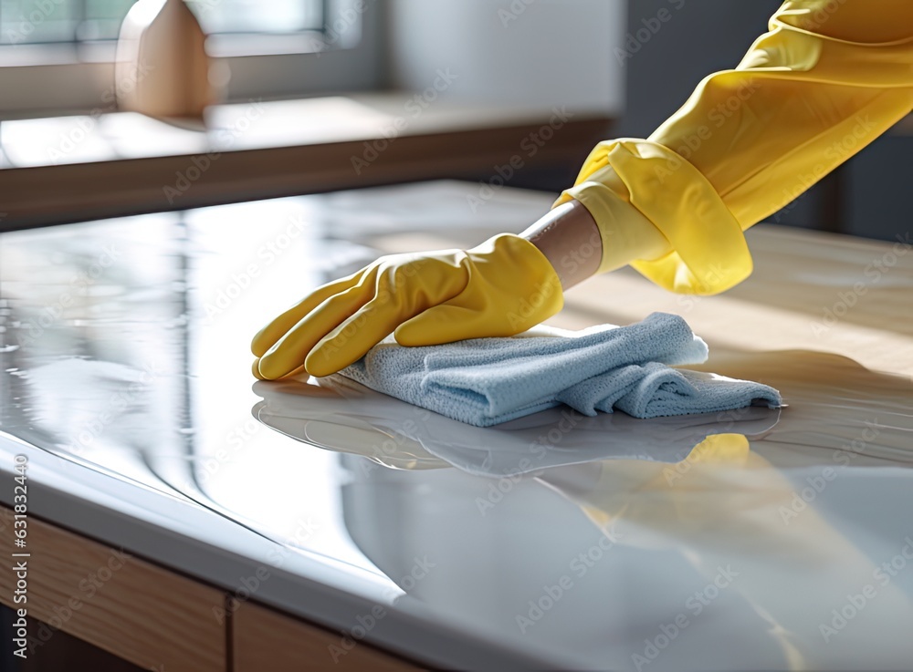 Cleaning hygiene, close up hand of maid, waitress woman wearing yellow protective gloves while cleaning on wood table, use blue rag wiping to dust. Created with Generative AI technology.