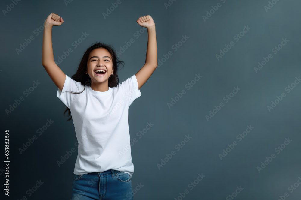 Portrait of cheerful positive girl raising hands isolated on pastel background, Life people energy concept Portrait of cheerful positive girl raising hands isolated on pastel background, Life people energy concept