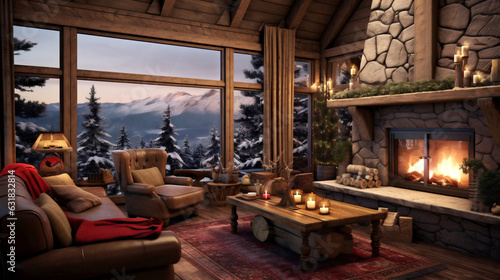 Cozy mountain wooden eco-lodge nestled amidst snow-covered pine forest. Christmas evening by the fireplace, serenity of winter retreat Banner. Generative Ai content.