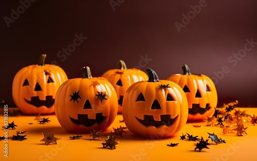 Halloween pumpkin decorations on a yellow-orange background. AI, Generative AI