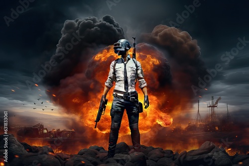 Man infront of explosion of Mobile battle royal fps game, Mobile gaming esports wallpaper banner