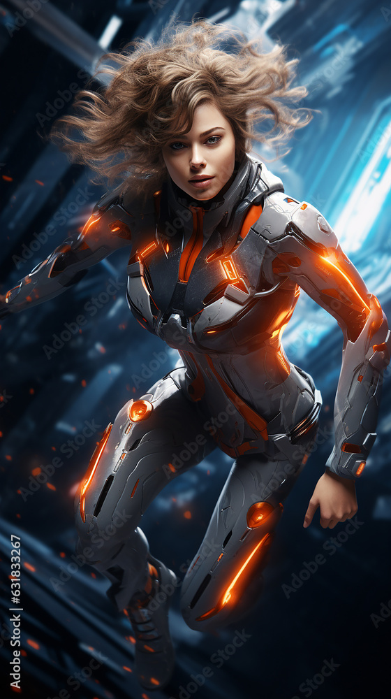 Obraz premium Female astronaut in space flying with smoke background