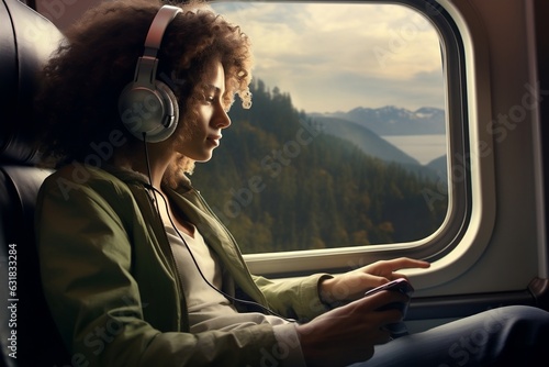 A woman travels in a train with spacious window views. AI