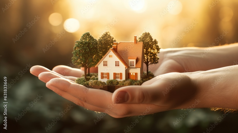 Small house in a human hand. New home, business, investment and real estate concept. - obrazy, fototapety, plakaty 