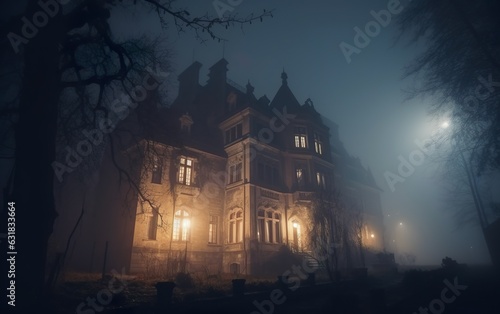 Spooky old gothic castle foggy night haunted mansion. AI, Generative AI