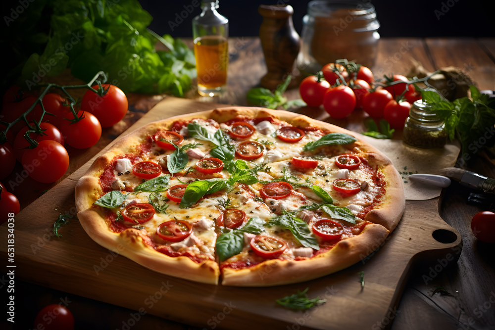 Pizza with tomatoes and bazil  on wooden board