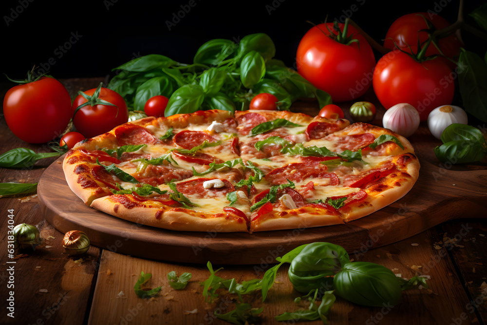 Pizza with tomatoes and bazil  on wooden board