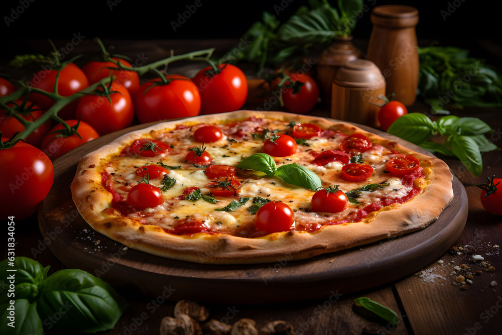 Pizza with tomatoes and bazil  on wooden board