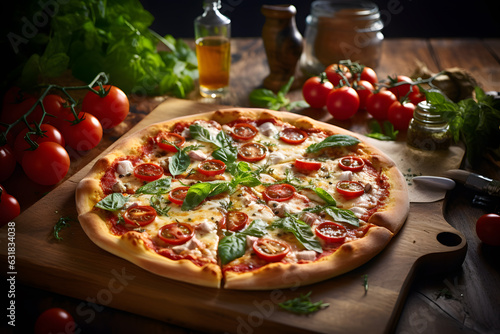 Pizza with tomatoes and bazil on wooden board