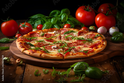 Pizza with tomatoes and bazil on wooden board