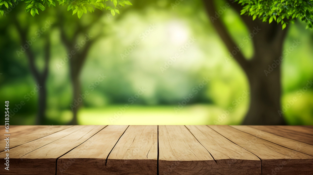 Empty wood table top and blurred green tree in the park nature green | Generative Ai